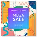 Mega Sale banner template. Discount promo poster design with abstract geometric background for fashion, price off coupon, flyer Royalty Free Stock Photo